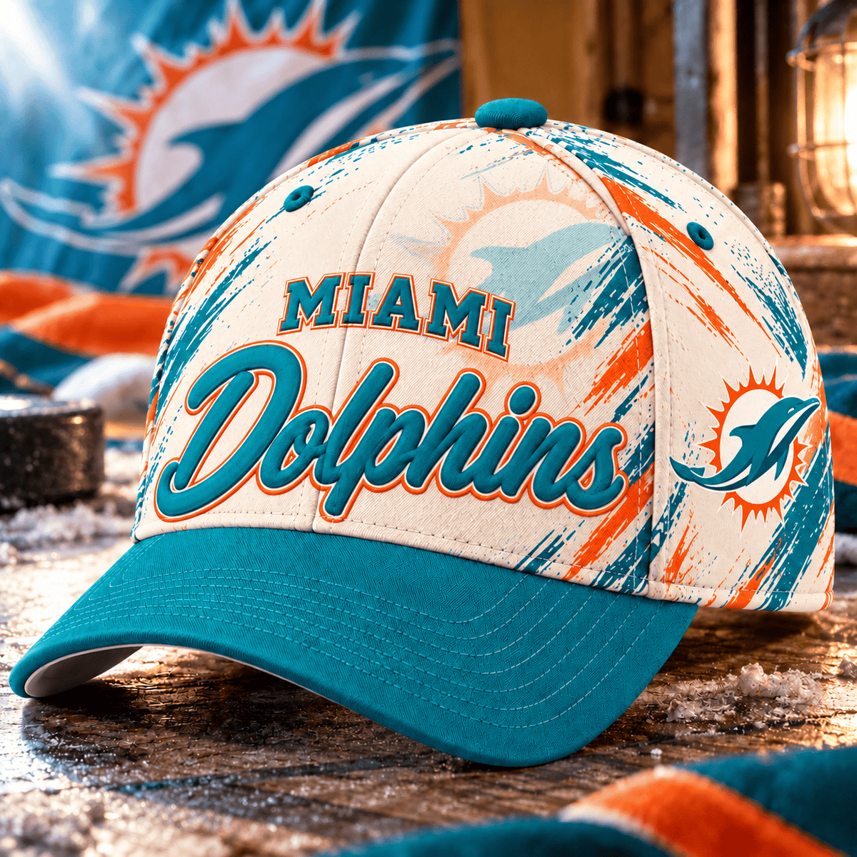 Miami Dolphins NFL Classic Cap – All Over Print Football Fan Baseball Hat