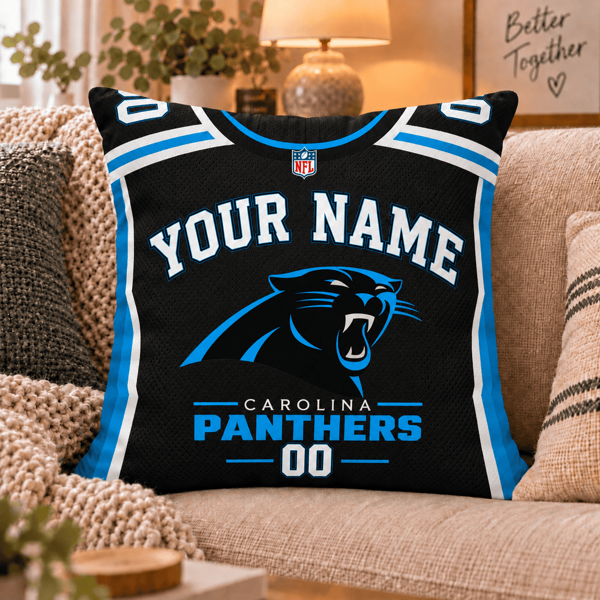 Carolina Panthers NFL Custom Name Football Jersey Throw Pillow – Personalized Fan Gift
