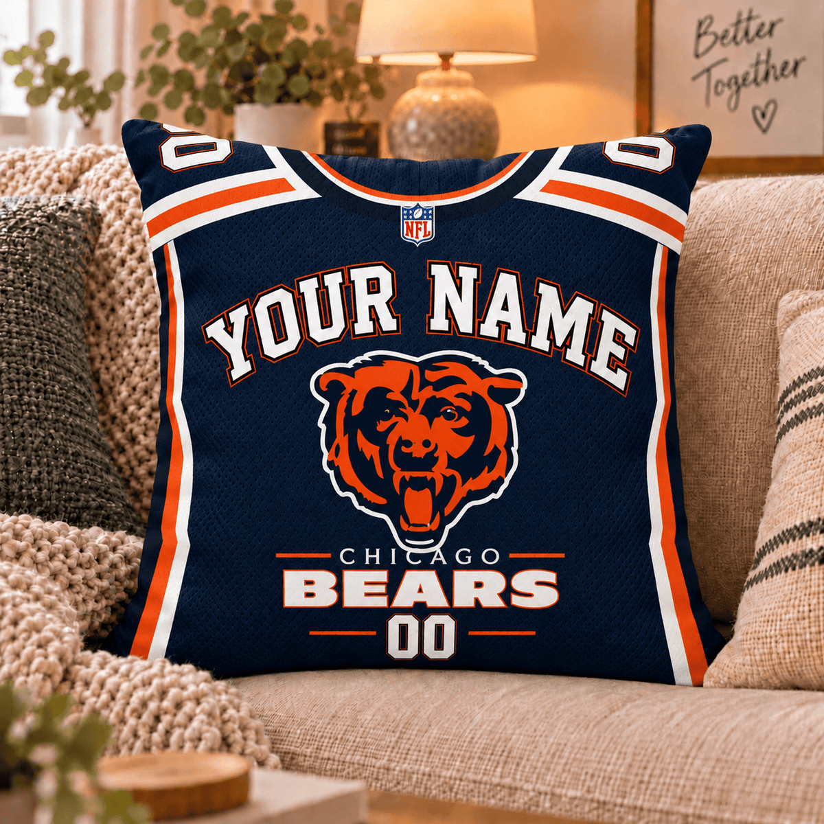 Chicago Bears NFL Custom Name Football Jersey Throw Pillow – Personalized Fan Gift