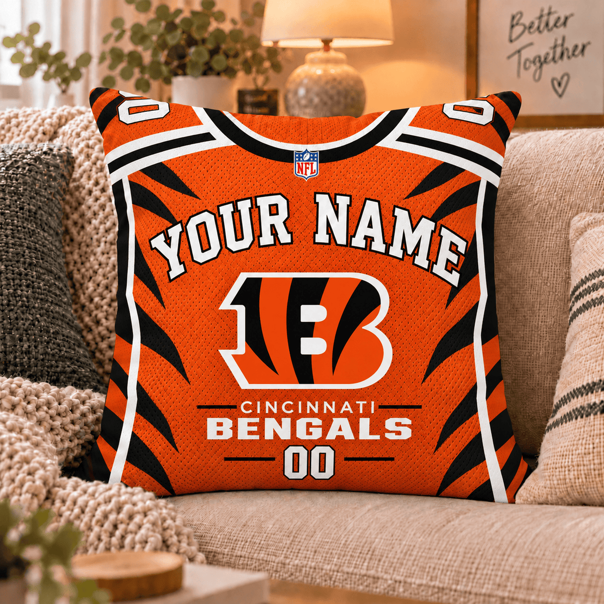 Cincinnati Bengals NFL Custom Name Football Jersey Throw Pillow – Personalized Fan Gift