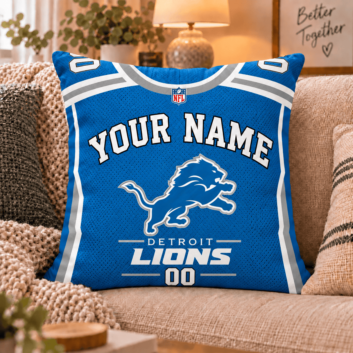 Detroit Lions NFL Custom Name Football Jersey Throw Pillow – Personalized Fan Gift