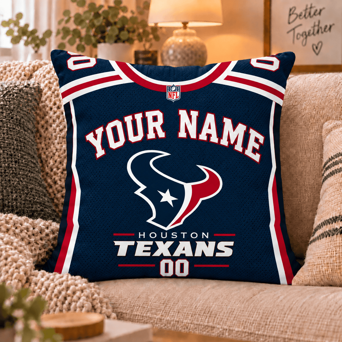 Houston Texans NFL Custom Name Football Jersey Throw Pillow – Personalized Fan Gift