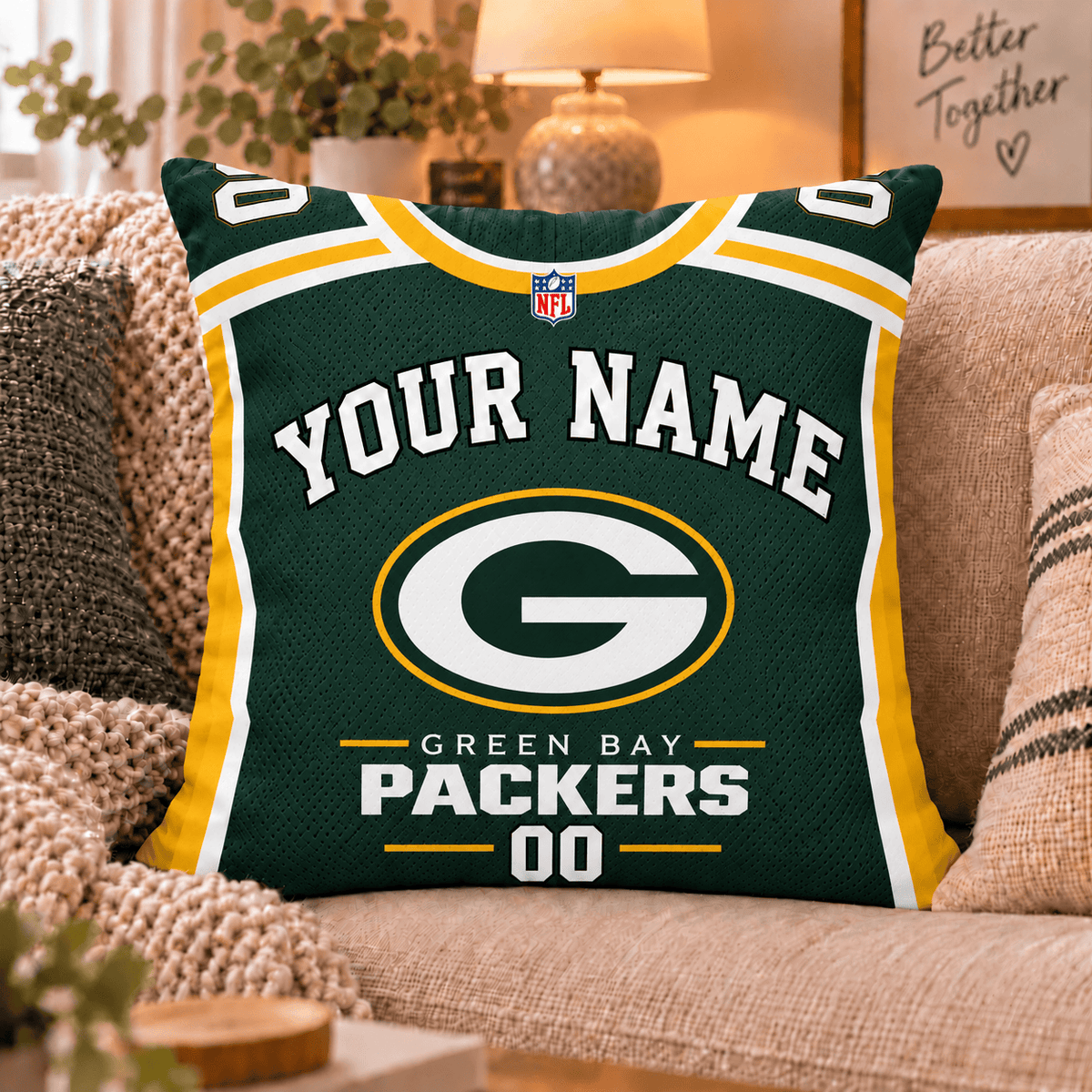 Green Bay Packers NFL Custom Name Football Jersey Throw Pillow – Personalized Fan Gift