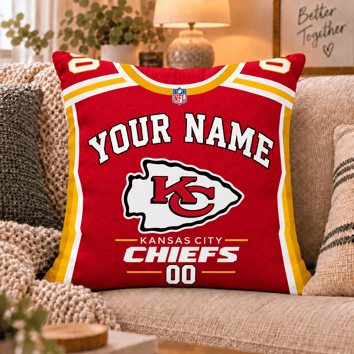Kansas City Chiefs NFL Custom Name Football Jersey Throw Pillow – Personalized Fan Gift