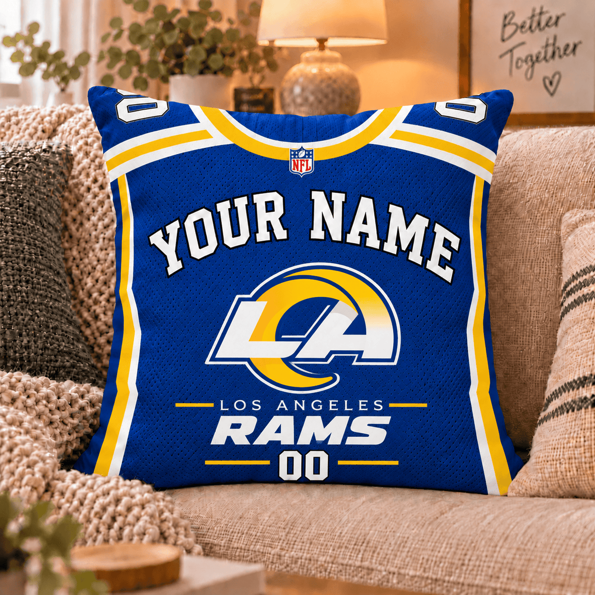 Los Angeles Rams NFL Custom Name Football Jersey Throw Pillow – Personalized Fan Gift