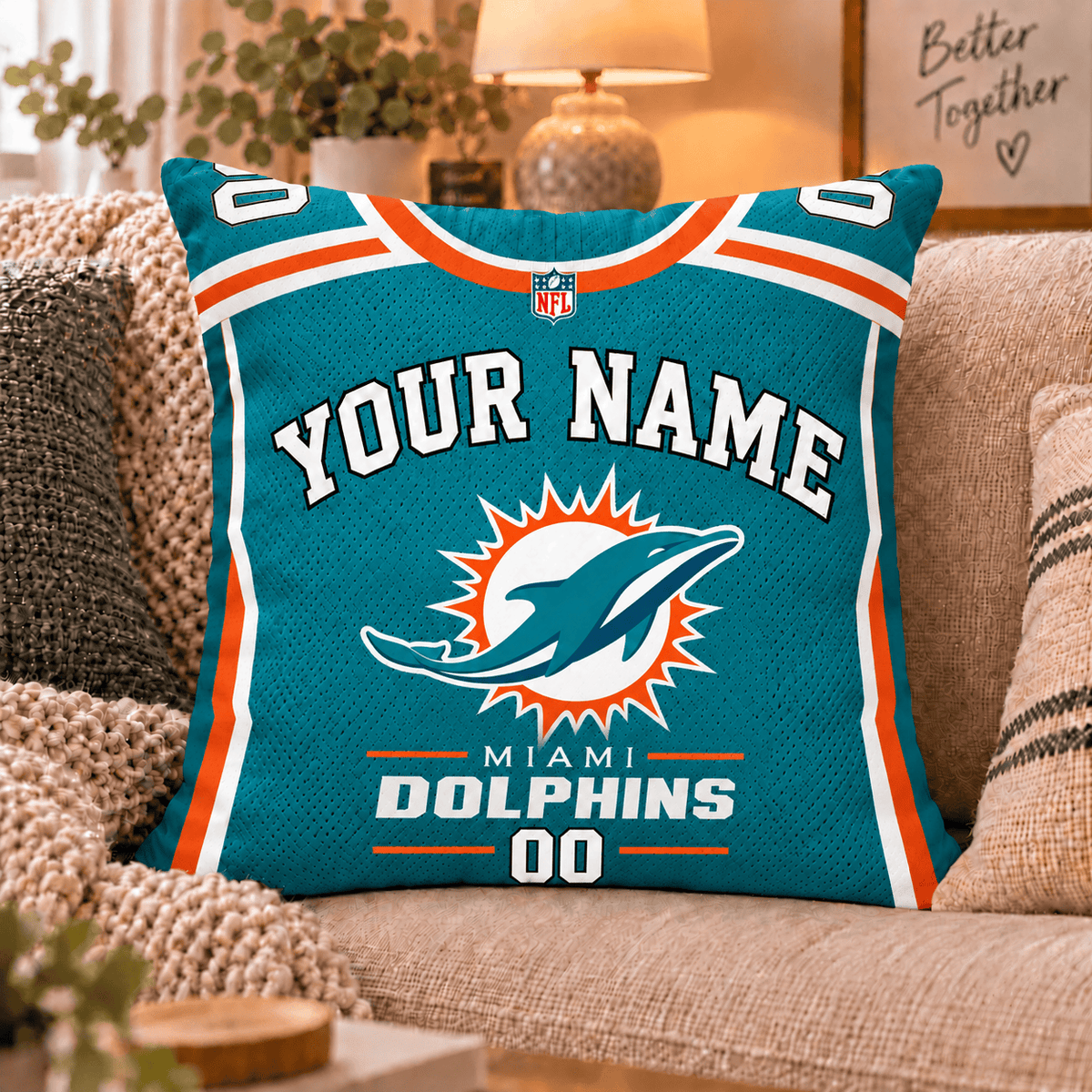 Miami Dolphins NFL Custom Name Football Jersey Throw Pillow – Personalized Fan Gift