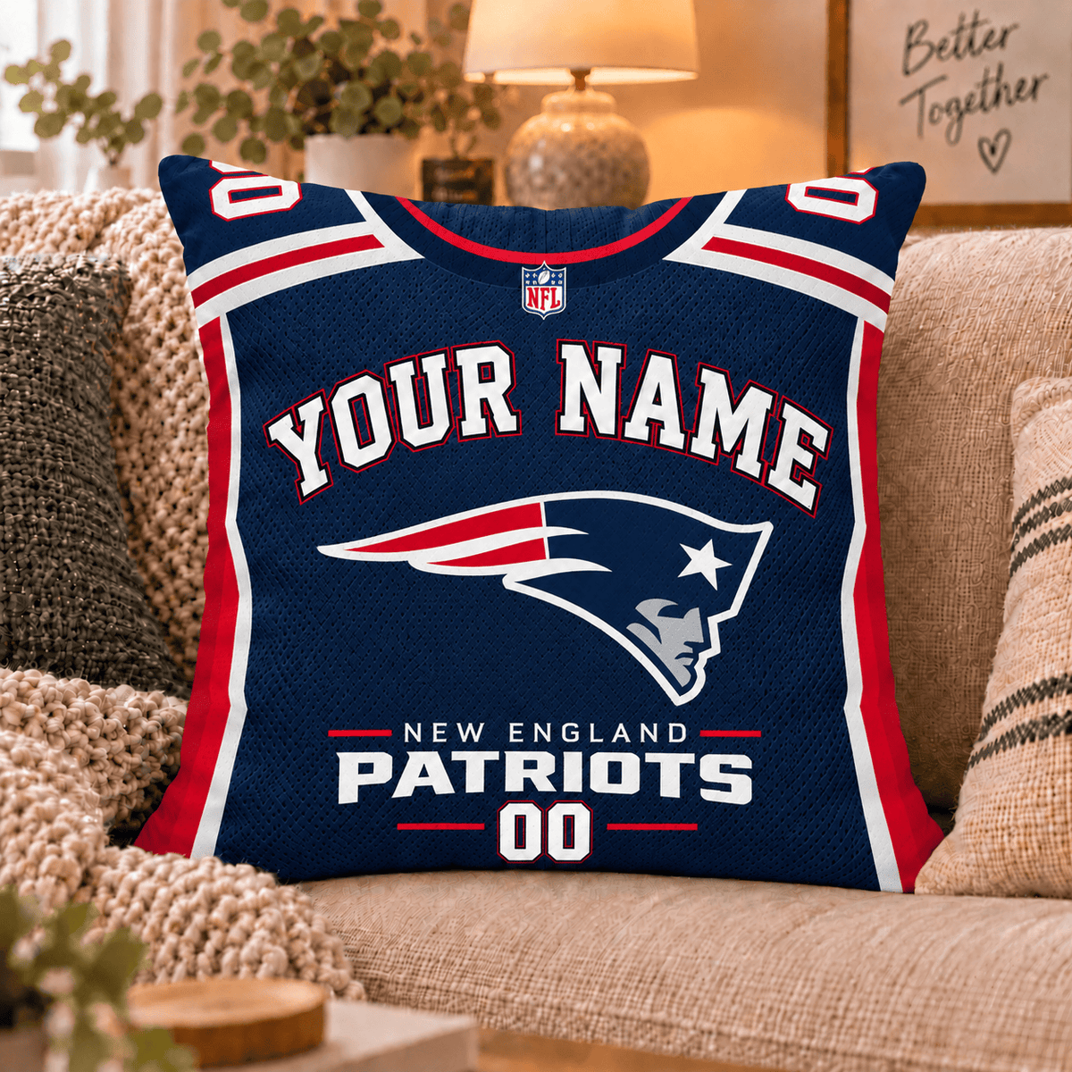 New England Patriots NFL Custom Name Football Jersey Throw Pillow – Personalized Fan Gift