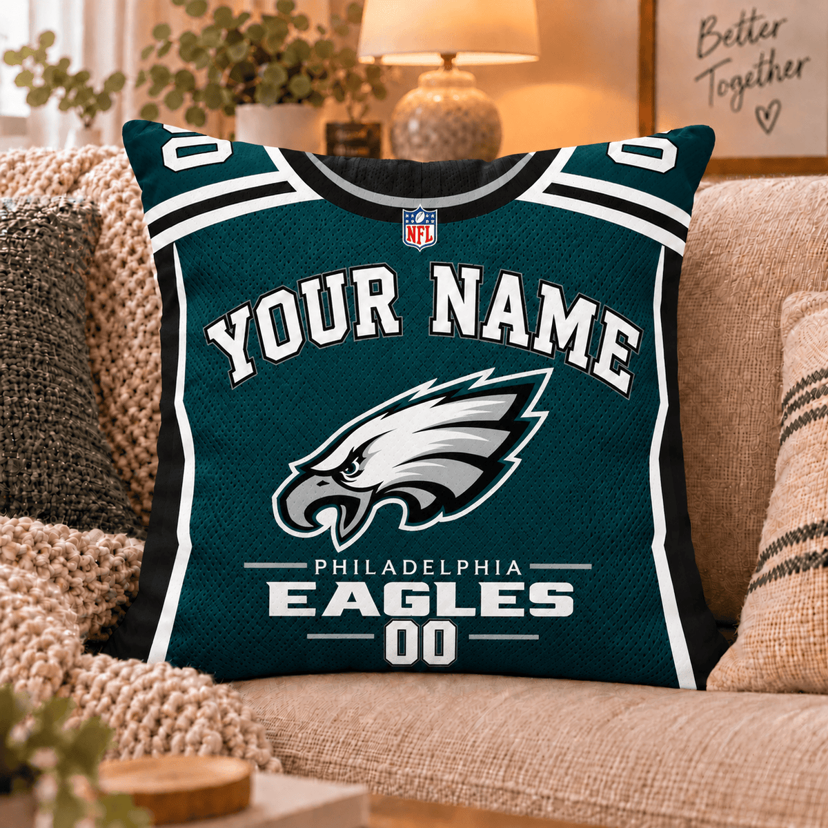 Philadelphia Eagles NFL Custom Name Football Jersey Throw Pillow – Personalized Fan Gift