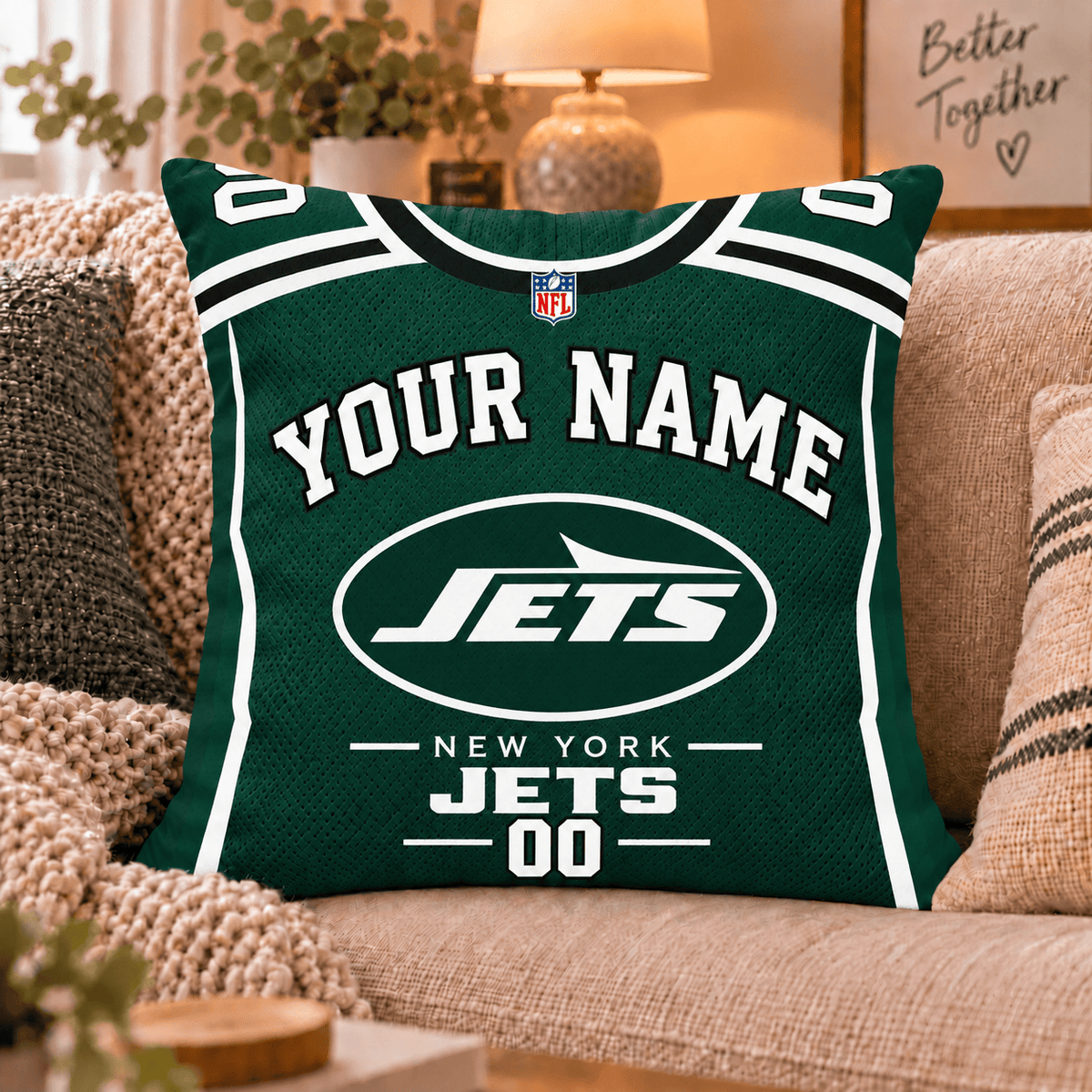 New York Jets NFL Custom Name Football Jersey Throw Pillow – Personalized Fan Gift