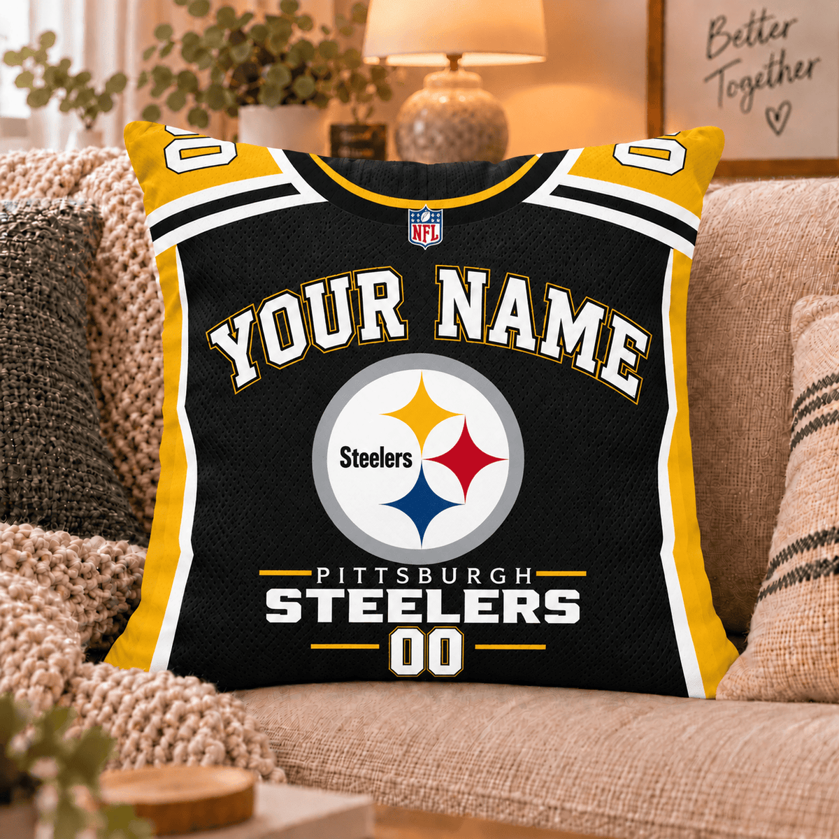 Pittsburgh Steelers NFL Custom Name Football Jersey Throw Pillow – Personalized Fan Gift