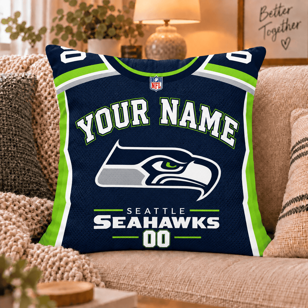 Seattle Seahawks NFL Custom Name Football Jersey Throw Pillow – Personalized Fan Gift