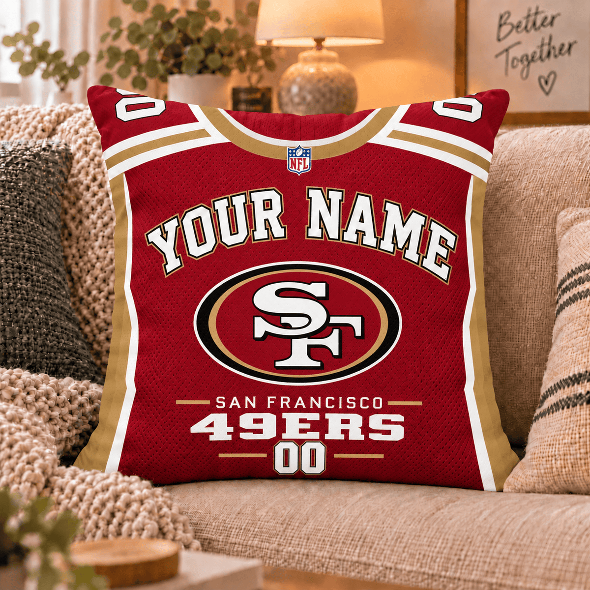San Francisco 49ers NFL Custom Name Football Jersey Throw Pillow – Personalized Fan Gift