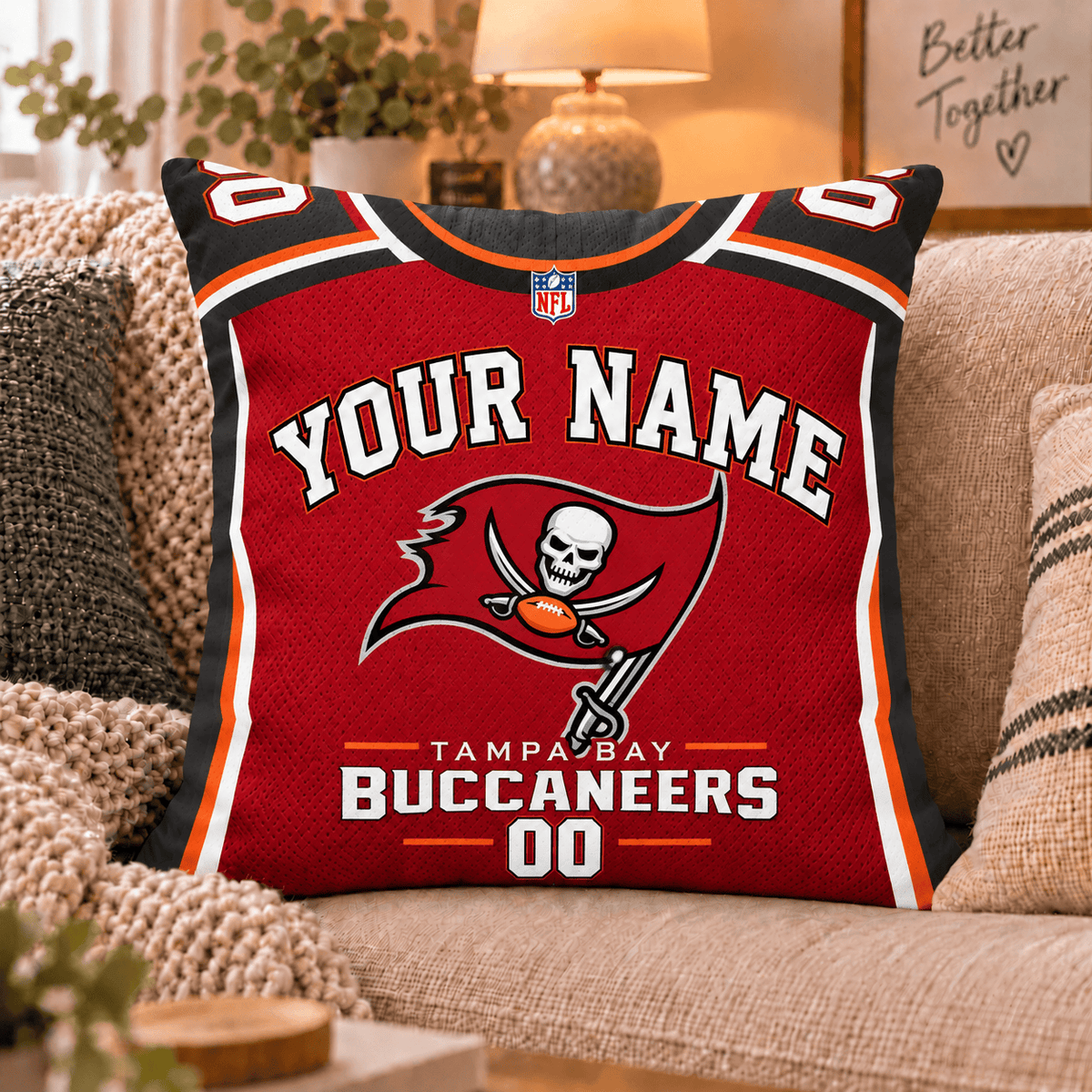 Tampa Bay Buccaneers NFL Custom Name Football Jersey Throw Pillow – Personalized Fan Gift