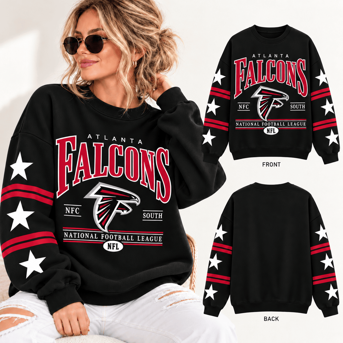 Atlanta Falcons NFL Retro Varsity Sweatshirt – Classic Football Crewneck Pullover With Star Sleeves