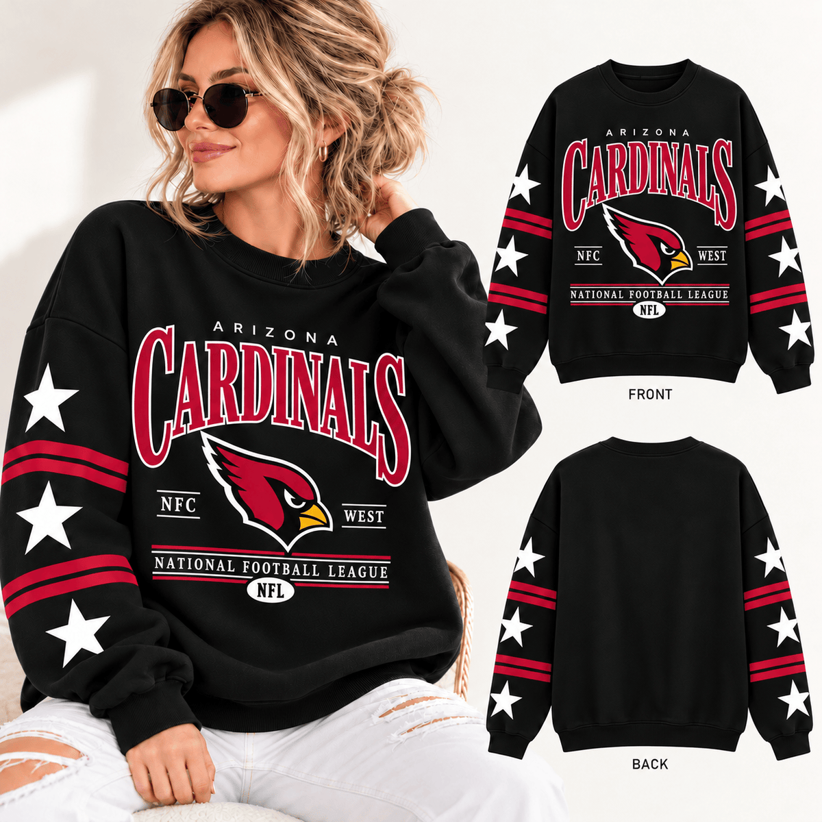 Arizona Cardinals NFL Retro Varsity Sweatshirt – Classic Football Crewneck Pullover With Star Sleeves
