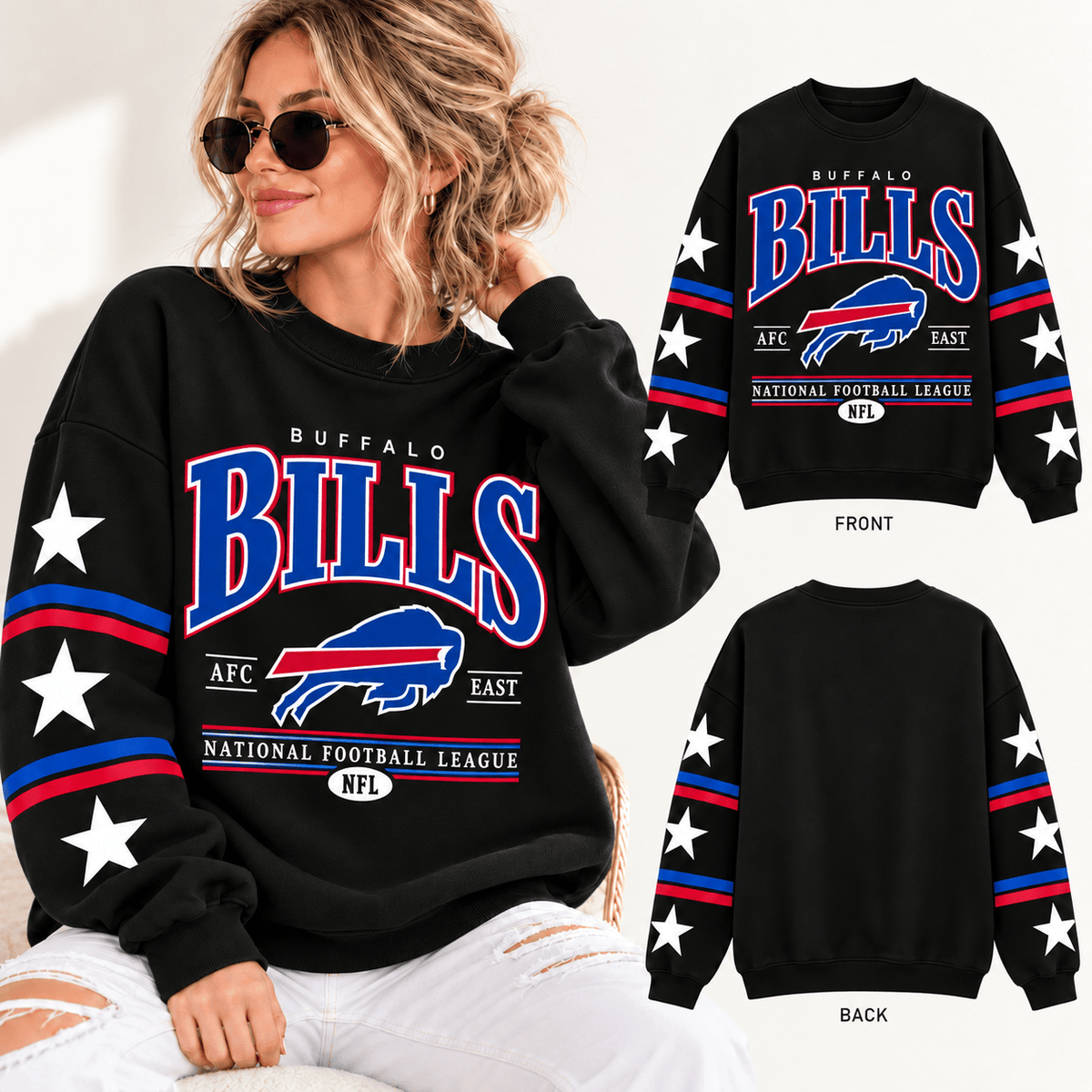 Buffalo Bills NFL Retro Varsity Sweatshirt – Classic Football Crewneck Pullover With Star Sleeves