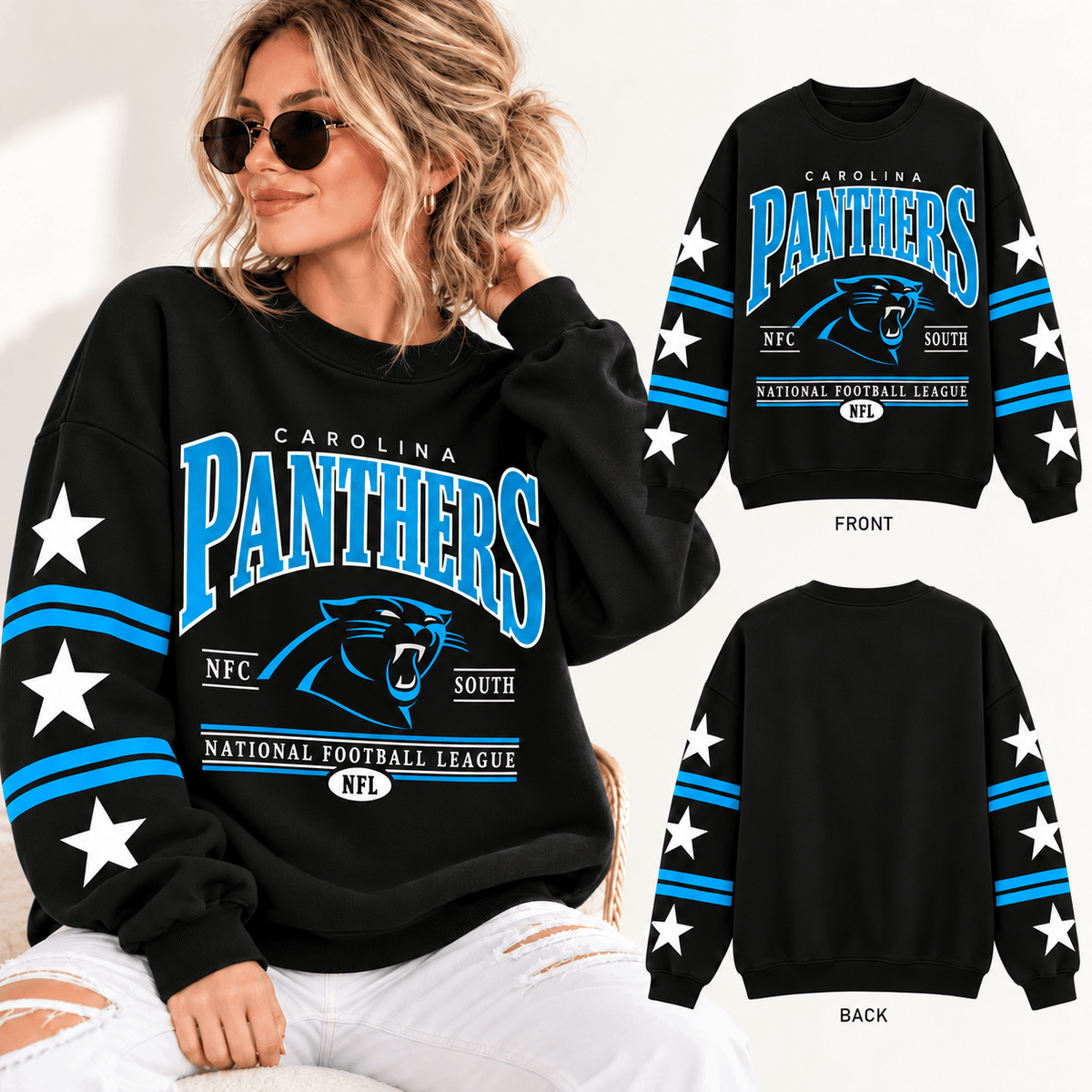 Carolina Panthers NFL Retro Varsity Sweatshirt – Classic Football Crewneck Pullover With Star Sleeves