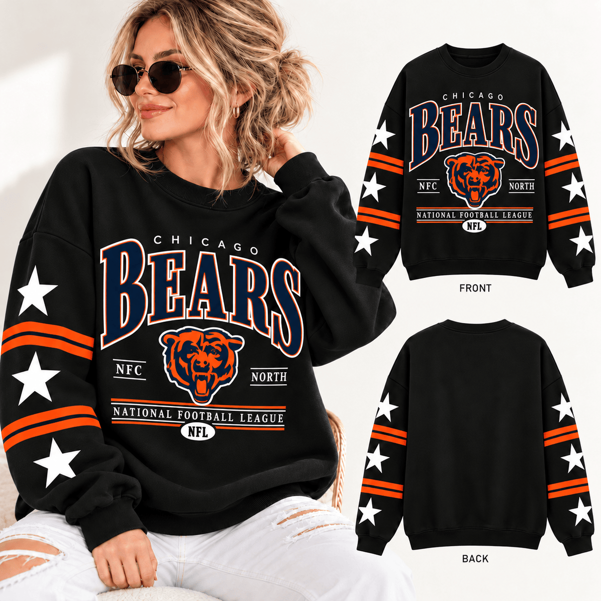Chicago Bears NFL Retro Varsity Sweatshirt – Classic Football Crewneck Pullover With Star Sleeves
