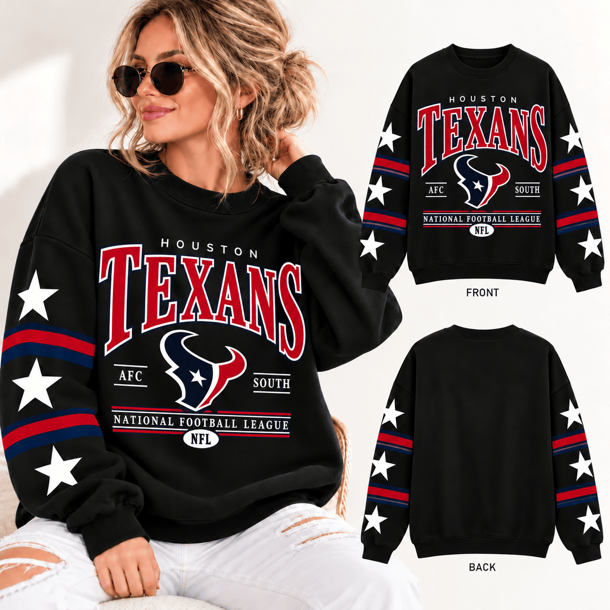 Houston Texans NFL Retro Varsity Sweatshirt – Classic Football Crewneck Pullover With Star Sleeves
