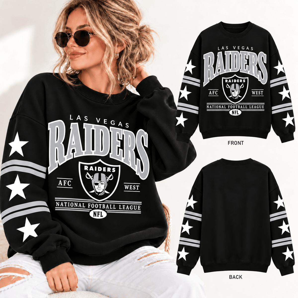 Las Vegas Raiders NFL Retro Varsity Sweatshirt – Classic Football Crewneck Pullover With Star Sleeves