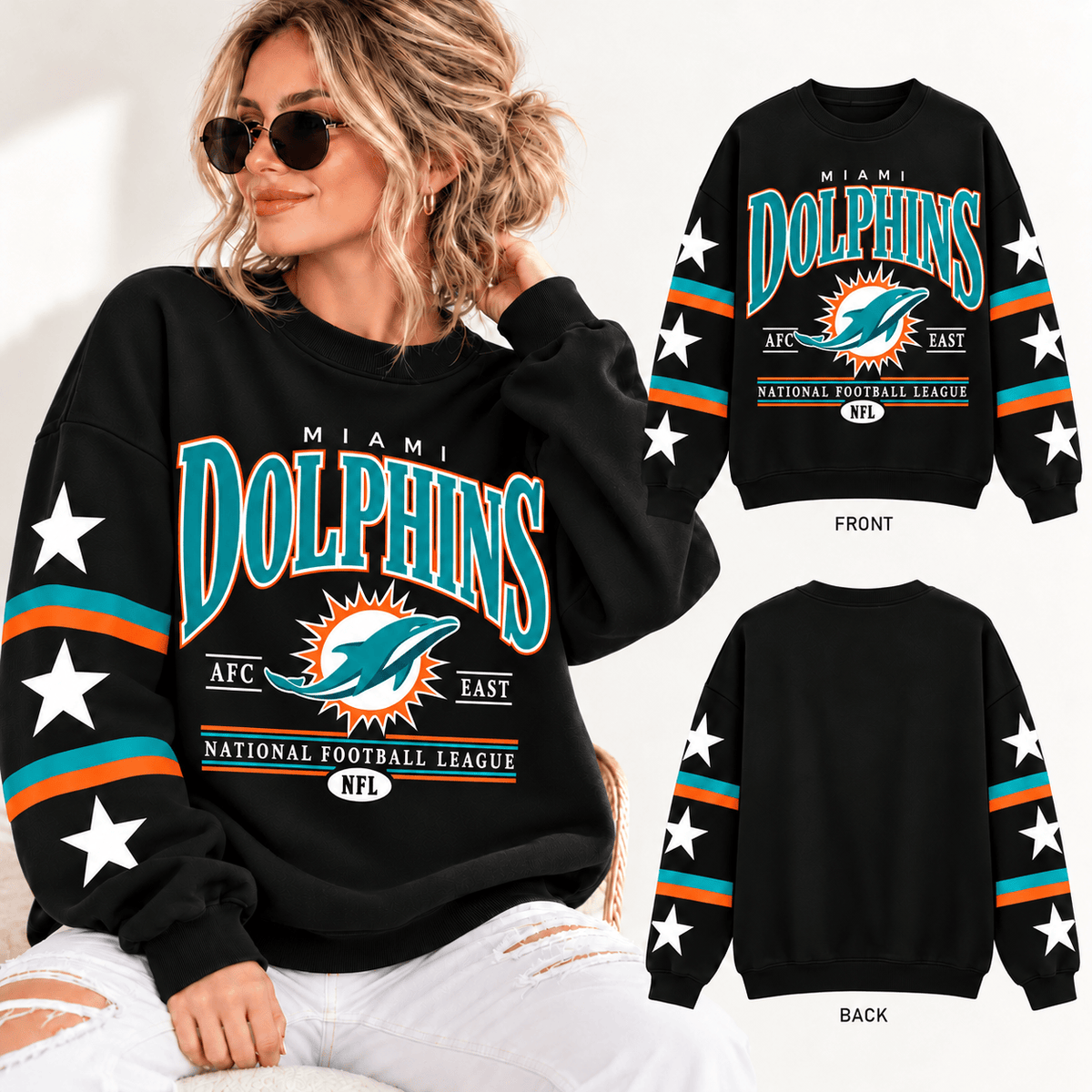 Miami Dolphins NFL Retro Varsity Sweatshirt – Classic Football Crewneck Pullover With Star Sleeves
