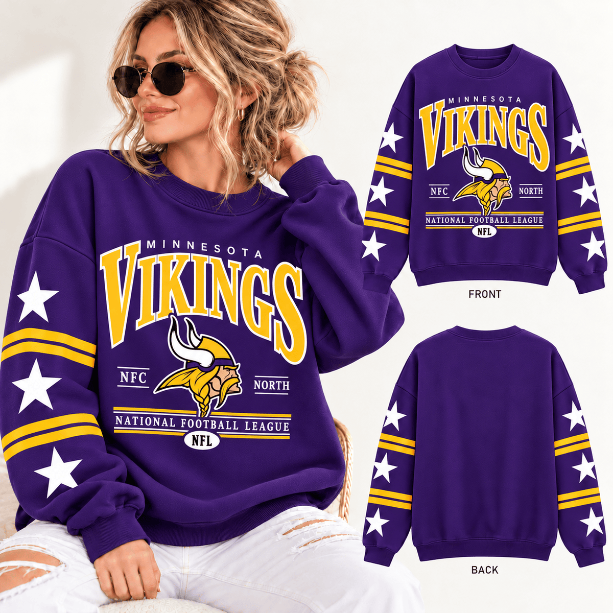 Minnesota Vikings NFL Retro Varsity Sweatshirt – Classic Football Crewneck Pullover With Star Sleeves