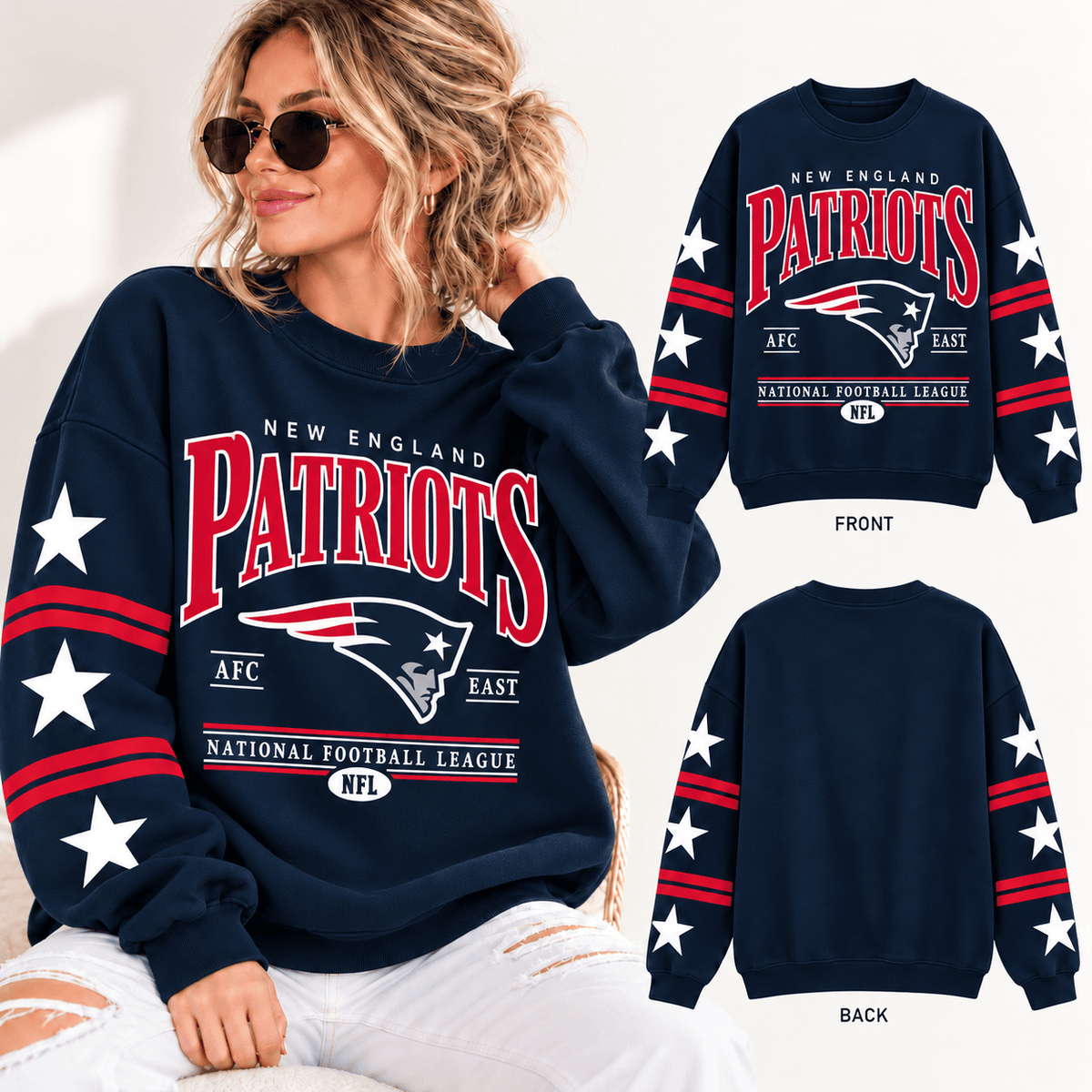 New England Patriots NFL Retro Varsity Sweatshirt – Classic Football Crewneck Pullover With Star Sleeves