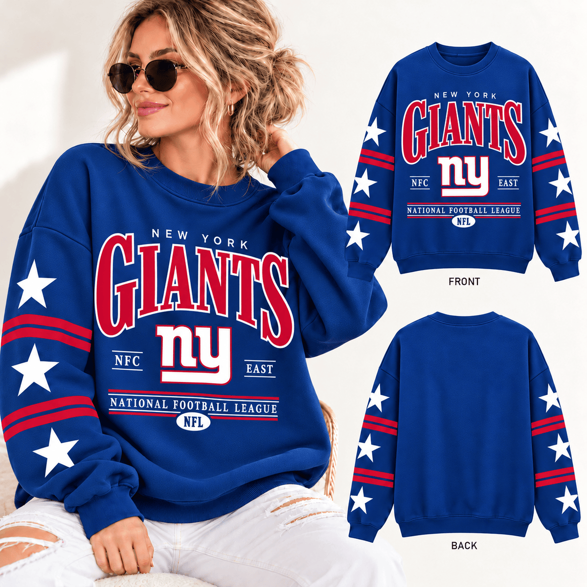 New York Giants NFL Retro Varsity Sweatshirt – Classic Football Crewneck Pullover With Star Sleeves