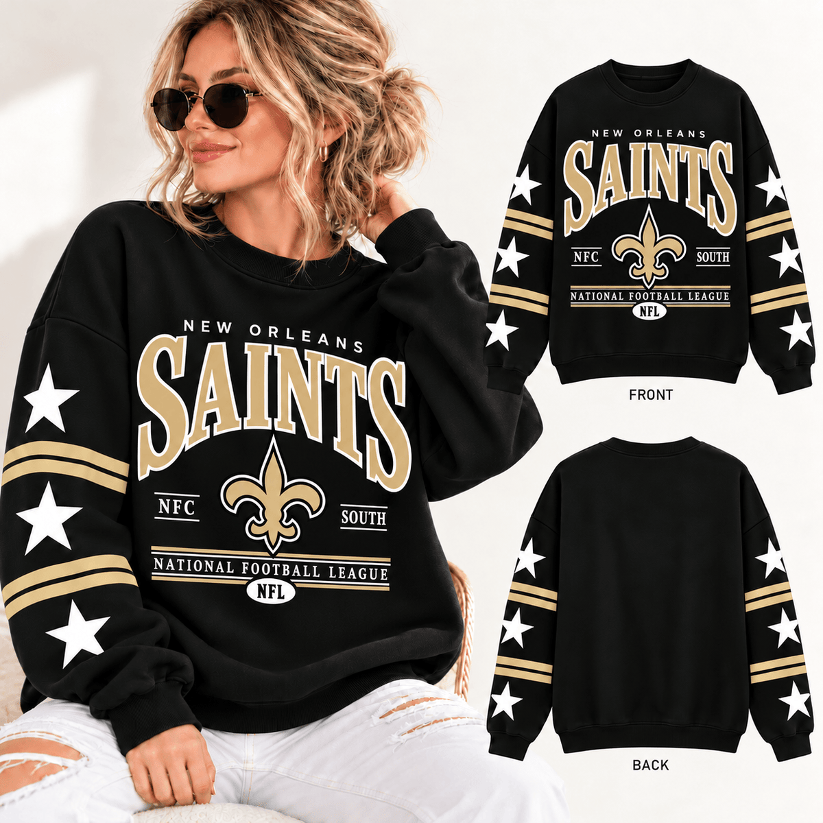 New Orleans Saints NFL Retro Varsity Sweatshirt – Classic Football Crewneck Pullover With Star Sleeves