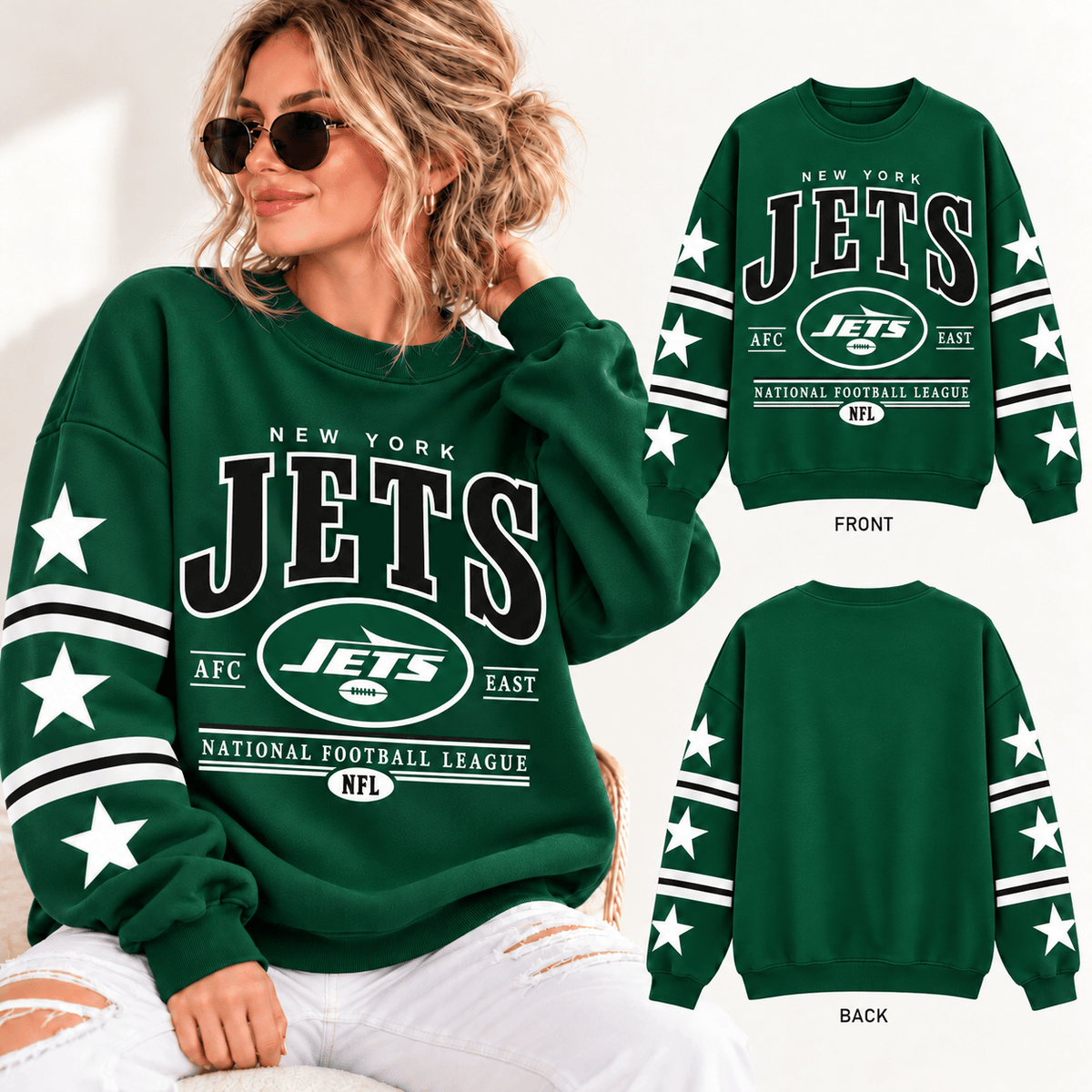 New York Jets NFL Retro Varsity Sweatshirt – Classic Football Crewneck Pullover With Star Sleeves