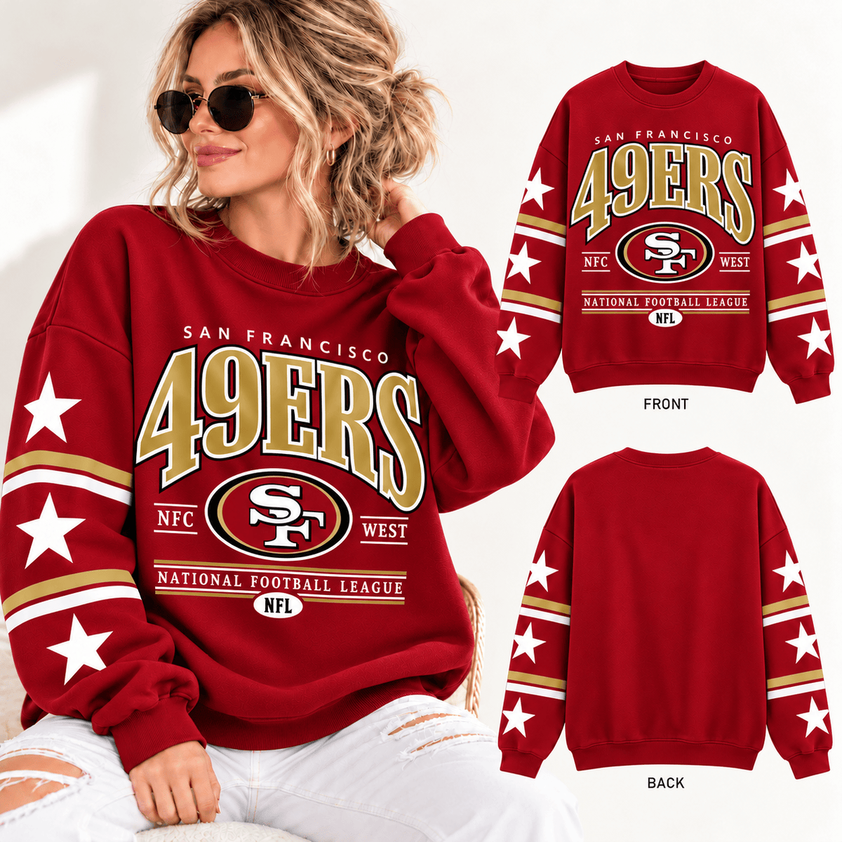 San Francisco 49ers NFL Retro Varsity Sweatshirt – Classic Football Crewneck Pullover With Star Sleeves