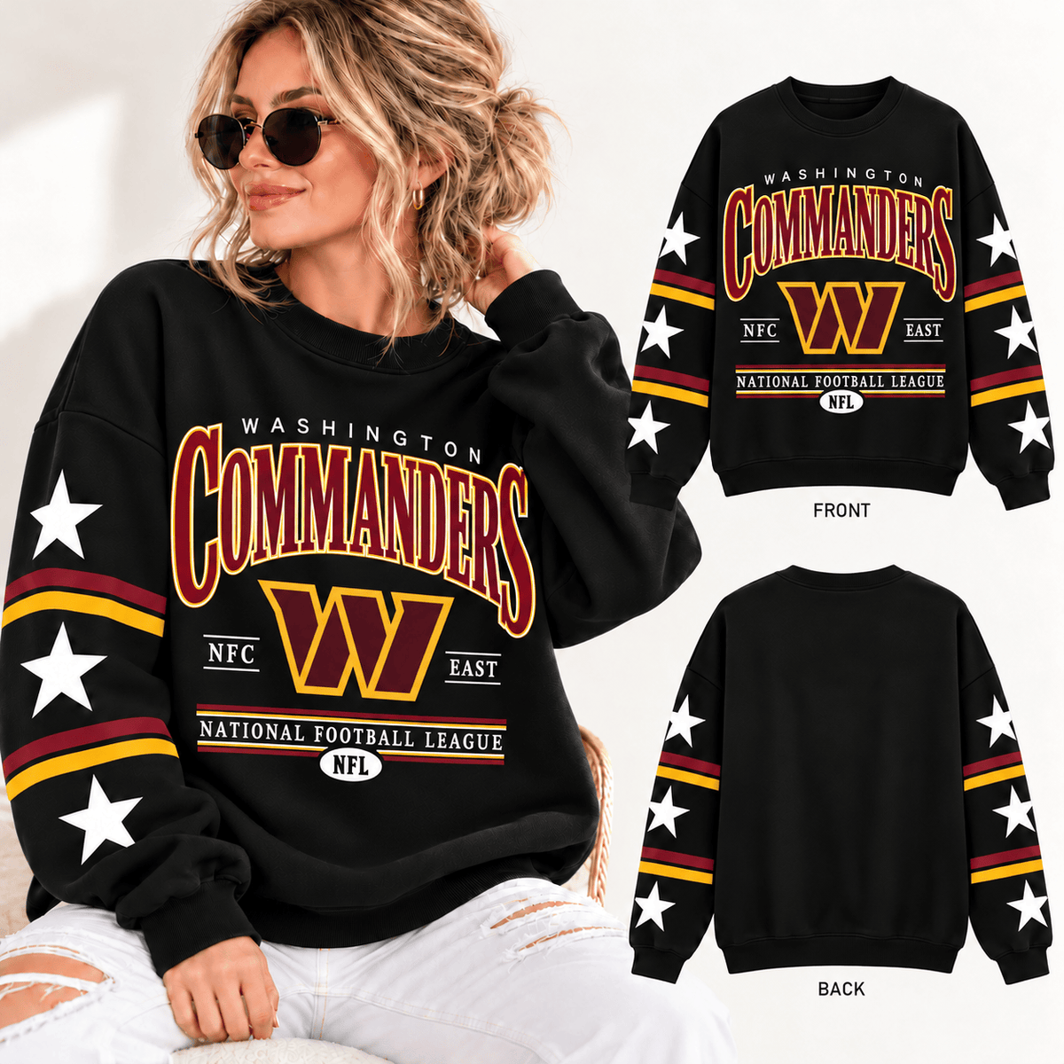 Washington Commanders NFL Retro Varsity Sweatshirt – Classic Football Crewneck Pullover With Star Sleeves