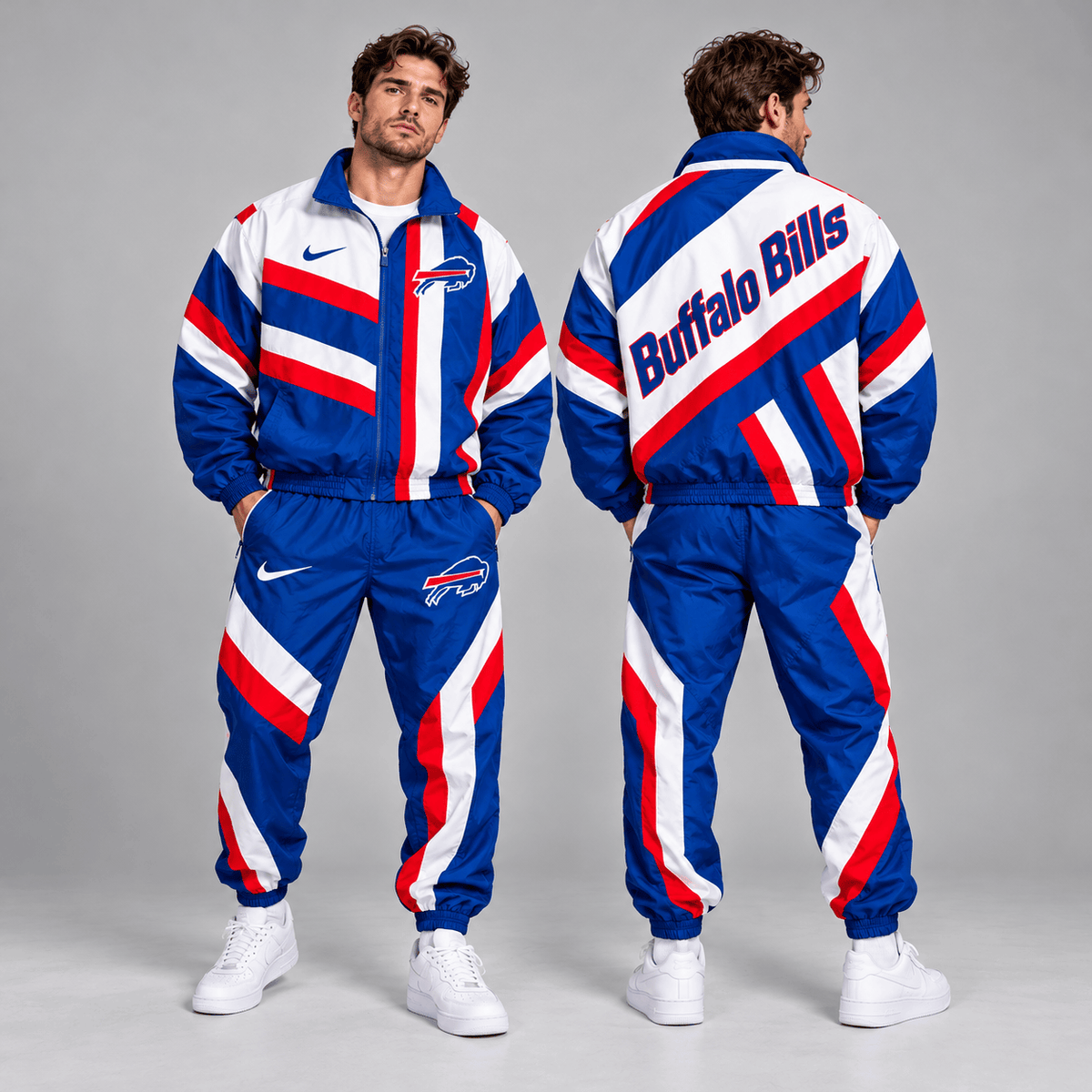 Buffalo Bills | Premium NFL Retro Geometric Stripe Full Zip Windbreaker Jacket & Matching Jogger Pants Set NDN cover