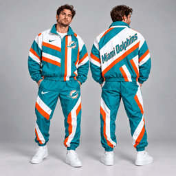 Miami Dolphins | Premium NFL Retro Geometric Stripe Full Zip Windbreaker Jacket & Matching Jogger Pants Set NDN cover
