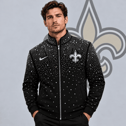 New Orleans Saints | Premium NFL Sparkling Rhinestone Effect Print Stand Collar Full Zip Jacket NDN cover