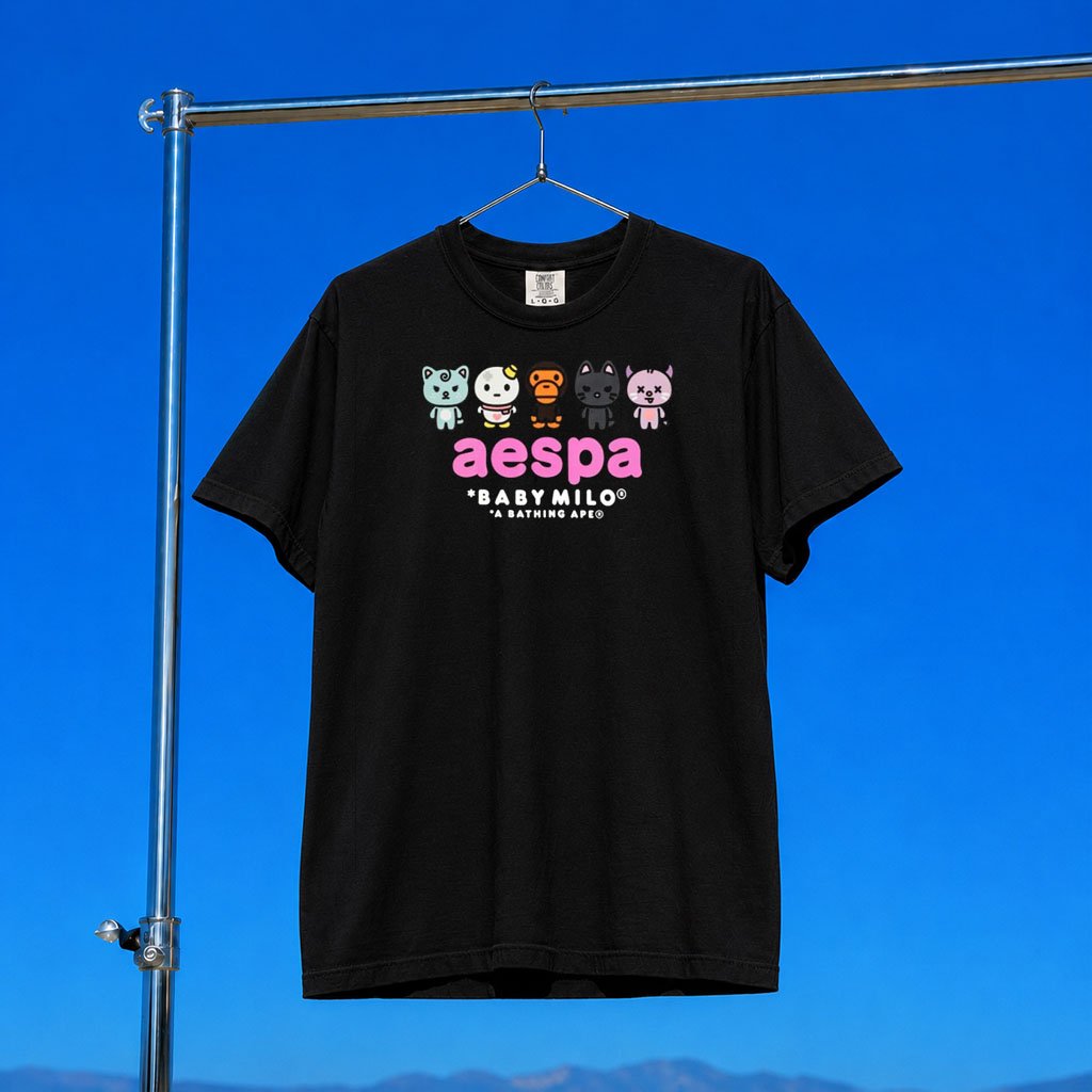 Aespa Merch 2026 BAPE X Aespa Baby Milo T-Shirt Black Kpop Gear Cute Gift For Fans
