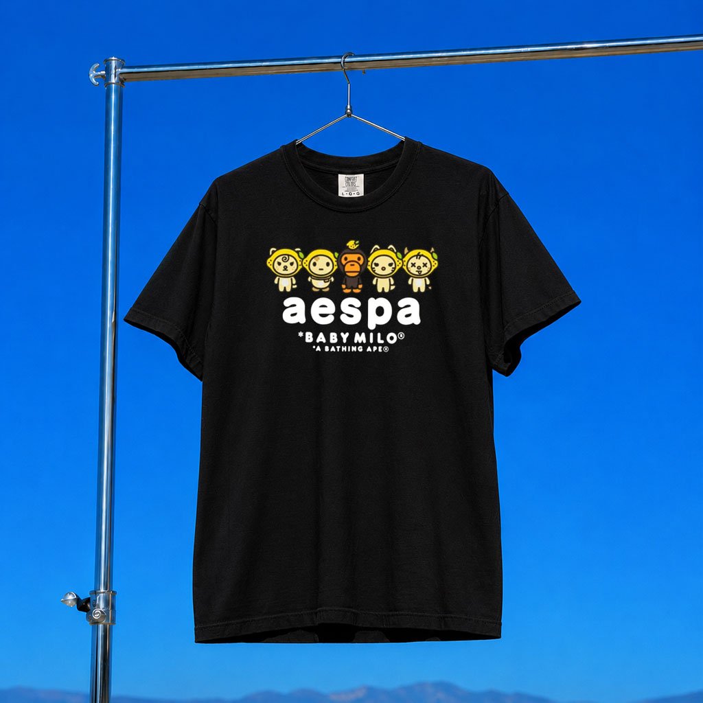Aespa Merch 2026 BAPE X Aespa Baby Milo Lemonade Mini T-Shirt Black Gift For Kpop Fans
