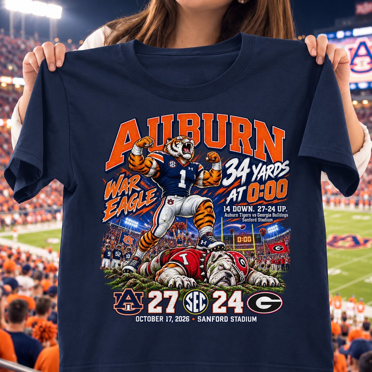 Auburn Tigers 34 Yards At 0:00 27-24 Game Day Shirt - Navy