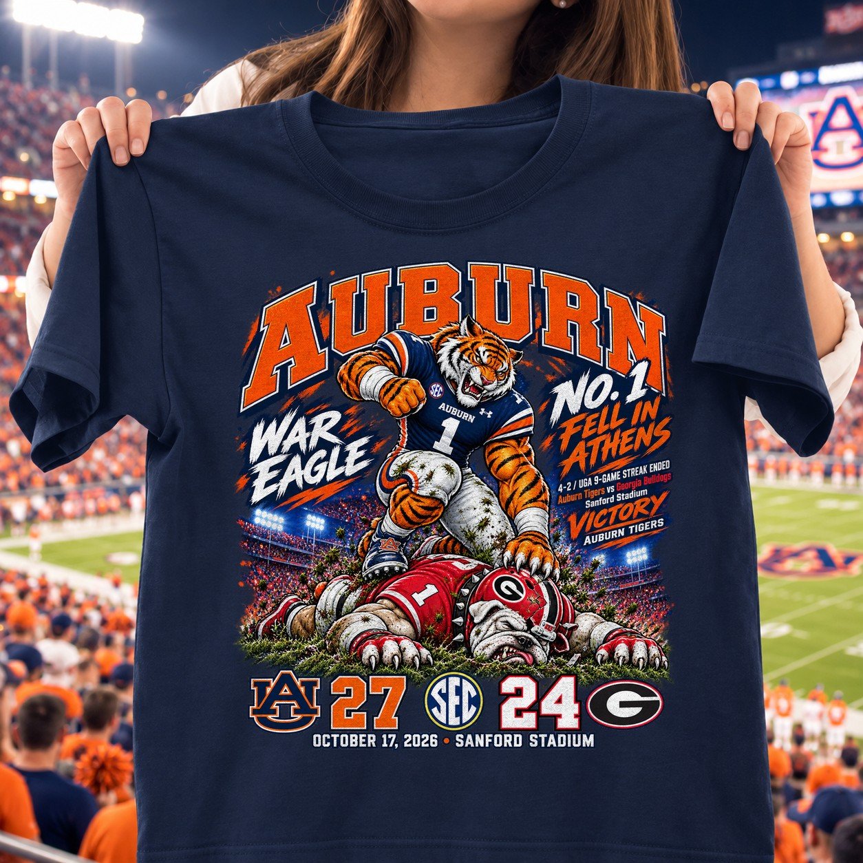 Auburn Tigers No. 1 Fell In Athens 27-24 Game Day Shirt - Navy
