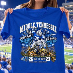 Middle Tennessee Blue Raiders Three point Takeover 26 23 Game Day Shirt - Royal
