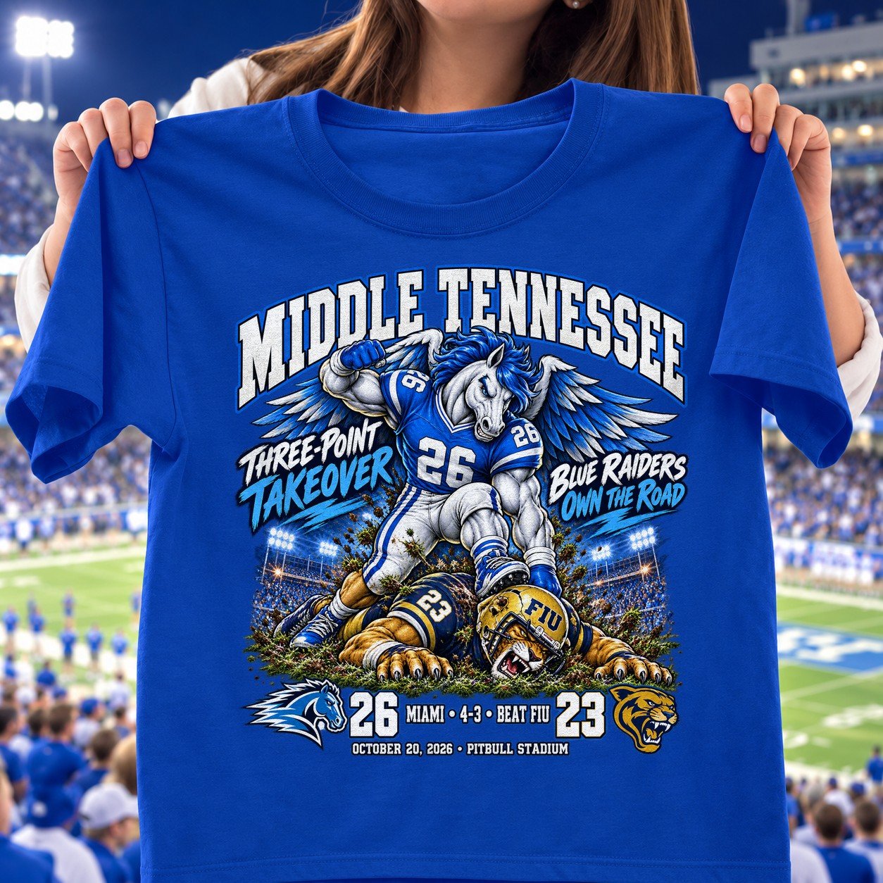 Middle Tennessee Blue Raiders Three point Takeover 26 23 Game Day Shirt - Royal
