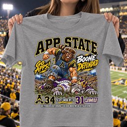 App State Mountaineers Boone Defended 34 31 Game Day Shirt - Sport Grey