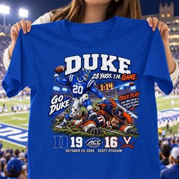 Duke Blue Devils 28 Yards. 1:14. Game. 19 16 Game Day Shirt - Royal