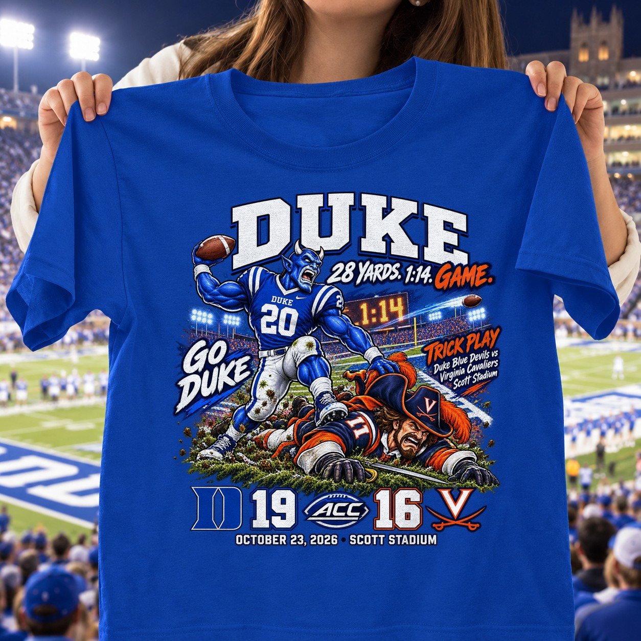 Duke Blue Devils 28 Yards. 1:14. Game. 19 16 Game Day Shirt - Royal