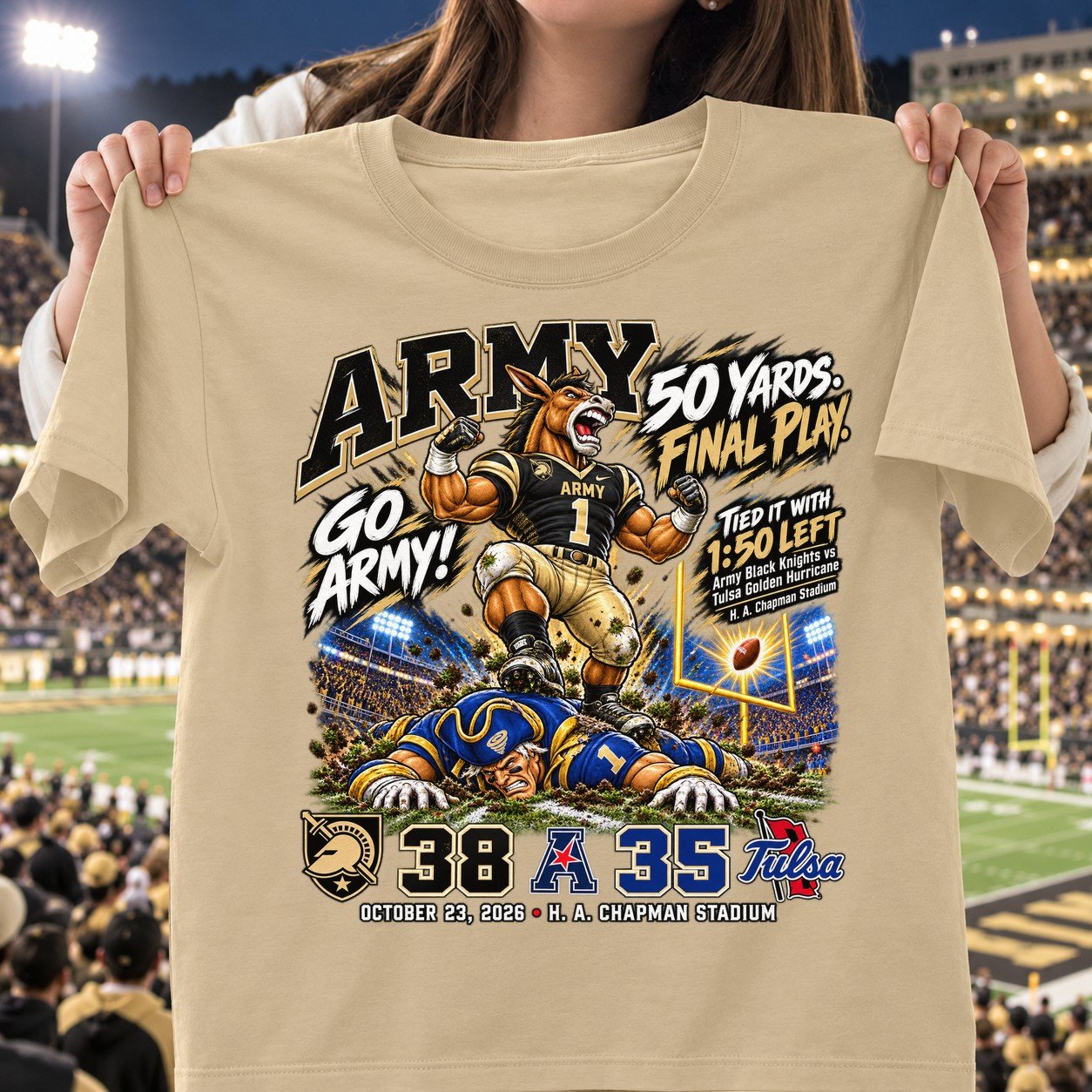 Army Black Knights 50 Yards. Final Play. 38 35 Game Day Shirt - Sand