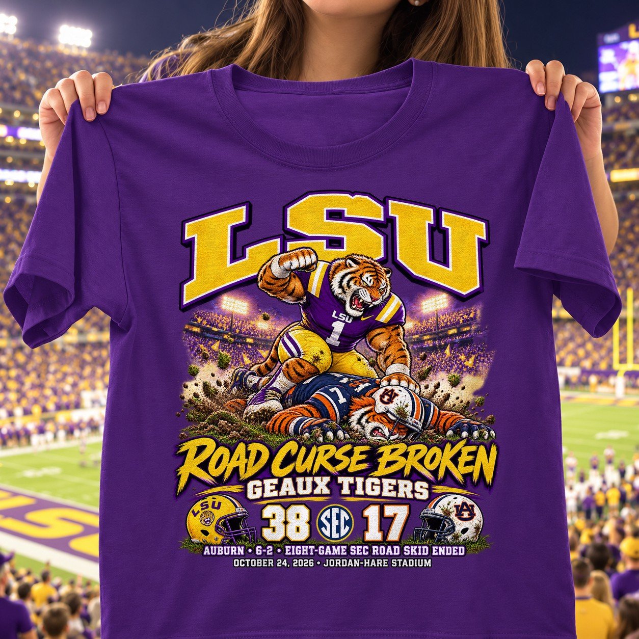 LSU Tigers Road Curse Broken 38 17 Game Day Shirt - Purple