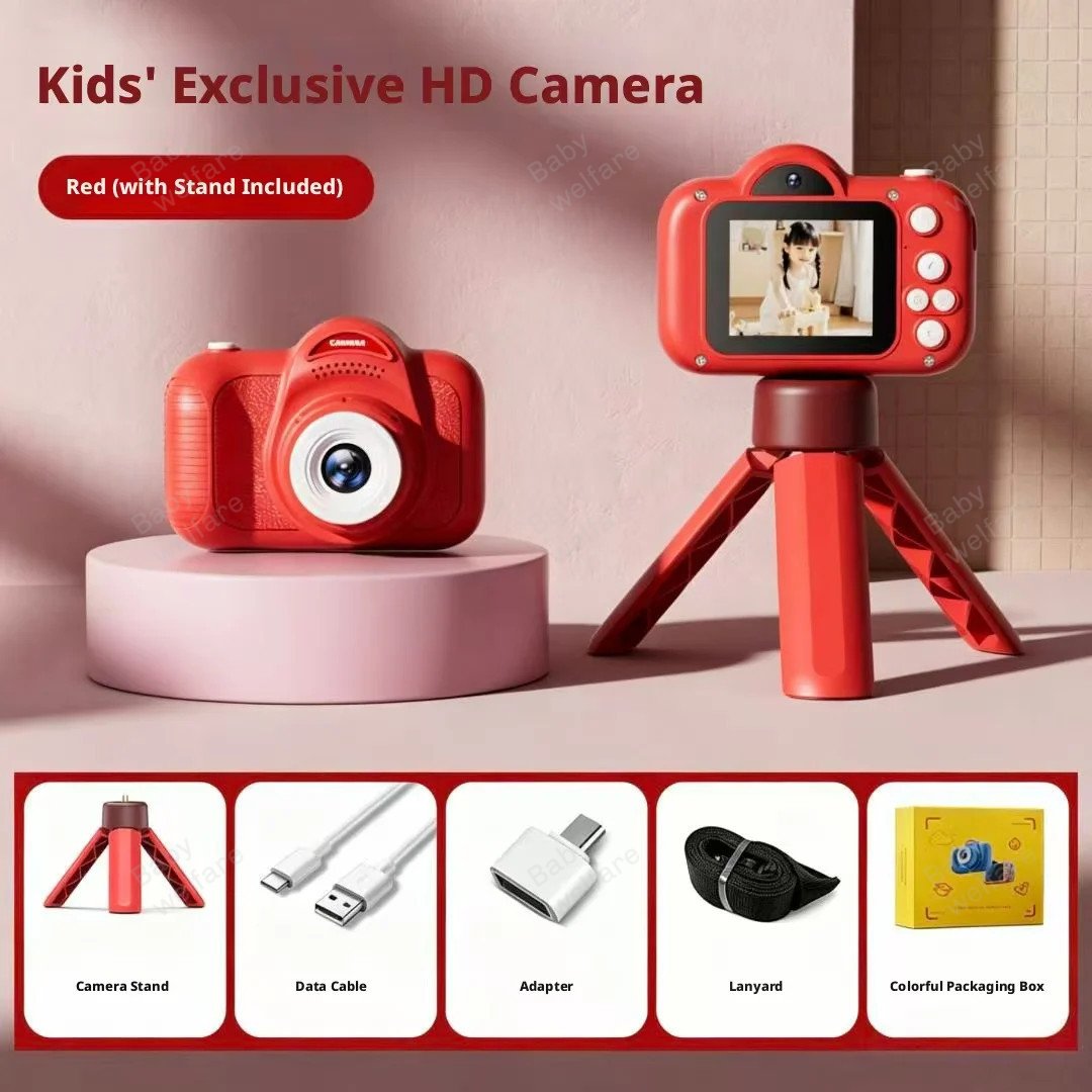 Purple kids digital camera with stand for photos and videos