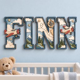 May include: A set of four large, layered wooden letters spelling the name FINN. Each letter features a blue border and a detailed scene including red and white airplanes, a compass, clouds, mountains, pine trees, a river, and small stars.