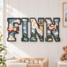 May include: A set of four wooden letters spelling FINN, featuring a layered design with blue borders. The letters display a landscape scene with mountains, pine trees, a river, clouds, stars, a compass, and two red and cream airplanes.