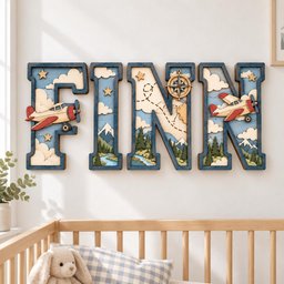 May include: A multi-layered wooden wall sign spelling the name FINN in large block letters. The design features a blue border, cream-colored clouds, green pine trees, snow-capped mountains, small stars, a compass, and two red and cream airplanes.